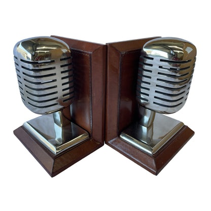 Set of 2 Microphone Bookends - Tan Leather