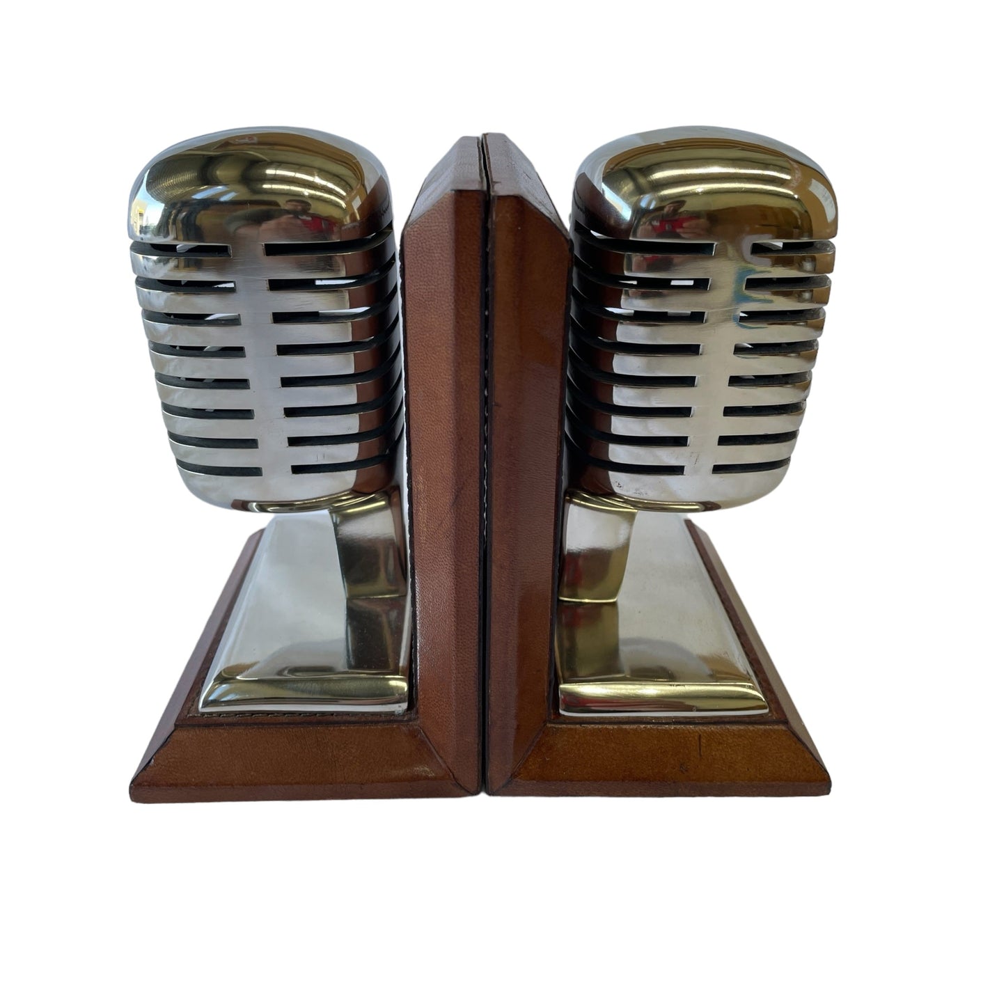 Set of 2 Microphone Bookends - Tan Leather