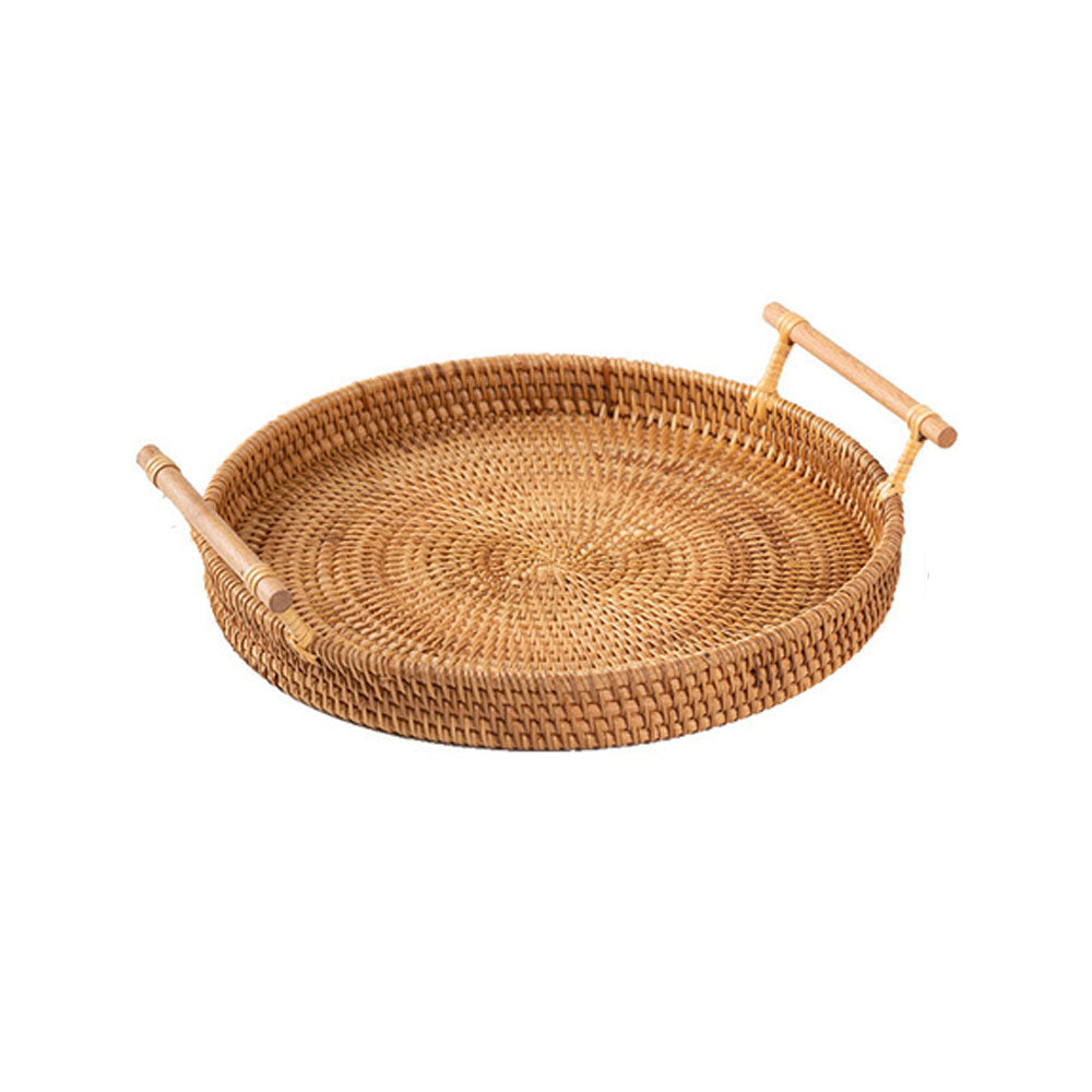 Set of 4 Handwoven Rattan Storage Round Tray With Wooden Handle -  Notbrand