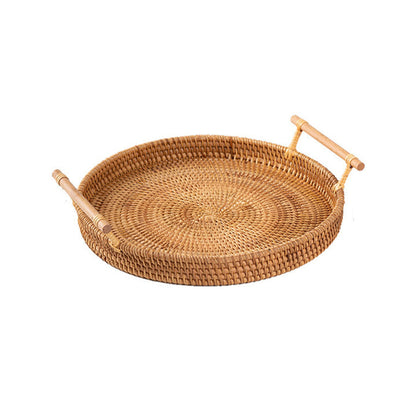 Set of 4 Handwoven Rattan Storage Round Tray With Wooden Handle -  Notbrand