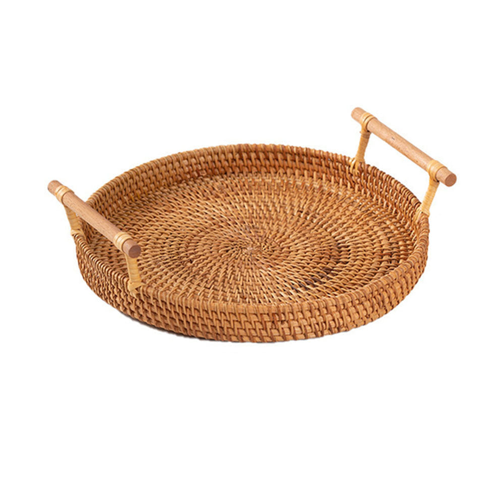 Set of 4 Handwoven Rattan Storage Round Tray With Wooden Handle -  Notbrand