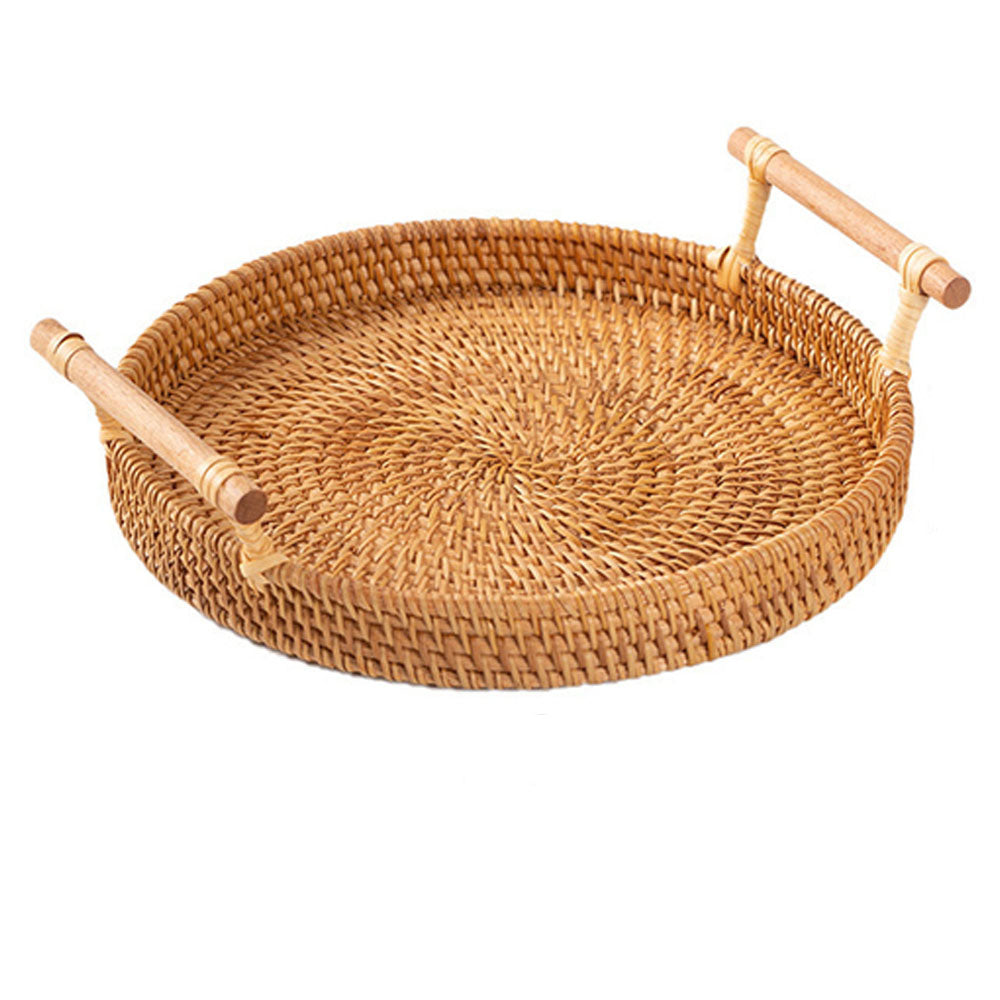 Set of 4 Handwoven Rattan Storage Round Tray With Wooden Handle -  Notbrand