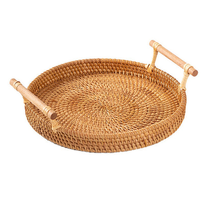 Set of 4 Handwoven Rattan Storage Round Tray With Wooden Handle -  Notbrand