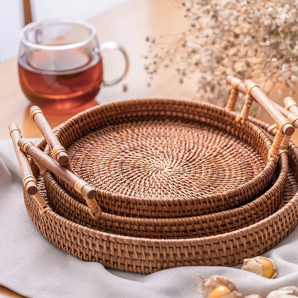 Set of 4 Handwoven Rattan Storage Round Tray With Wooden Handle -  Notbrand