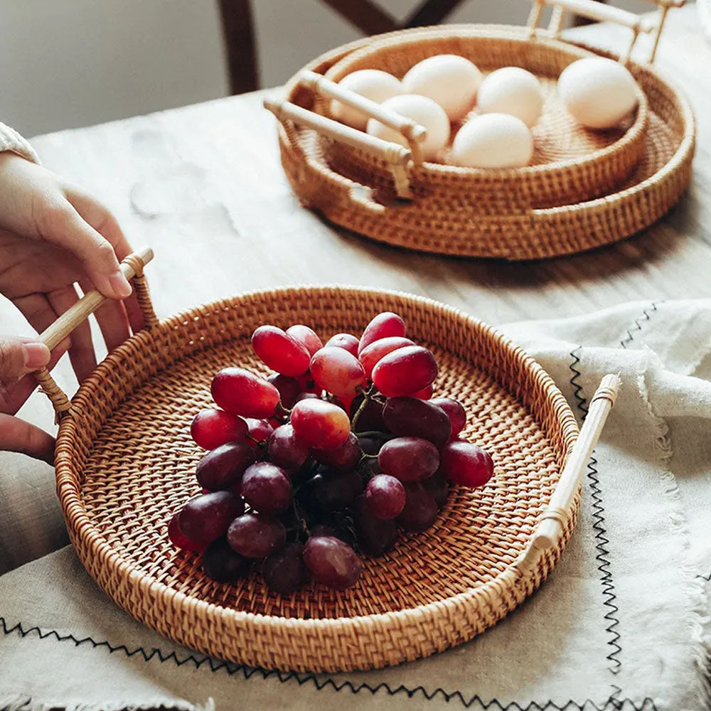 Set of 4 Handwoven Rattan Storage Round Tray With Wooden Handle -  Notbrand