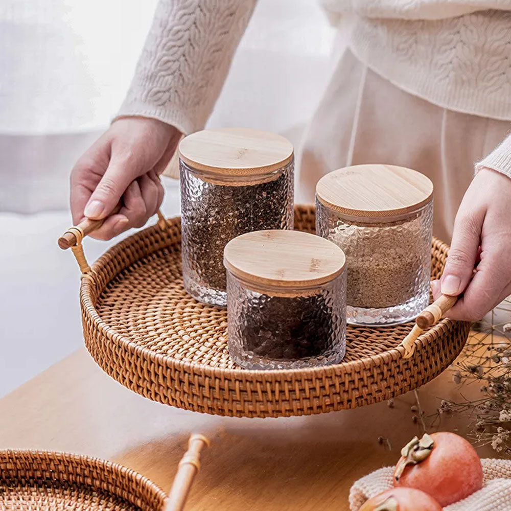 Set of 4 Handwoven Rattan Storage Round Tray With Wooden Handle -  Notbrand