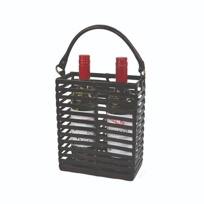 Caged Dark Leather Two Bottle Wine Holder with Handle - Notbrand