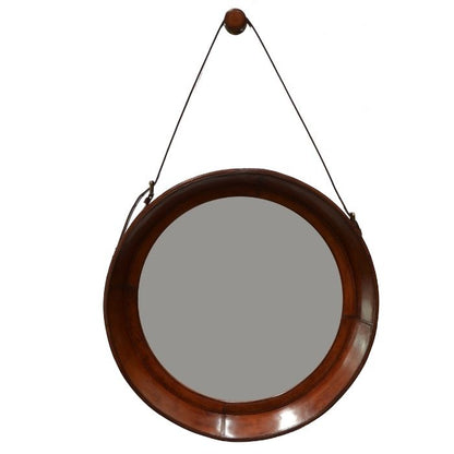 Round Mirror with Tan Leather Border - Notbrand