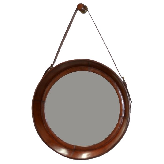 Round Mirror with Tan Leather Border - Notbrand