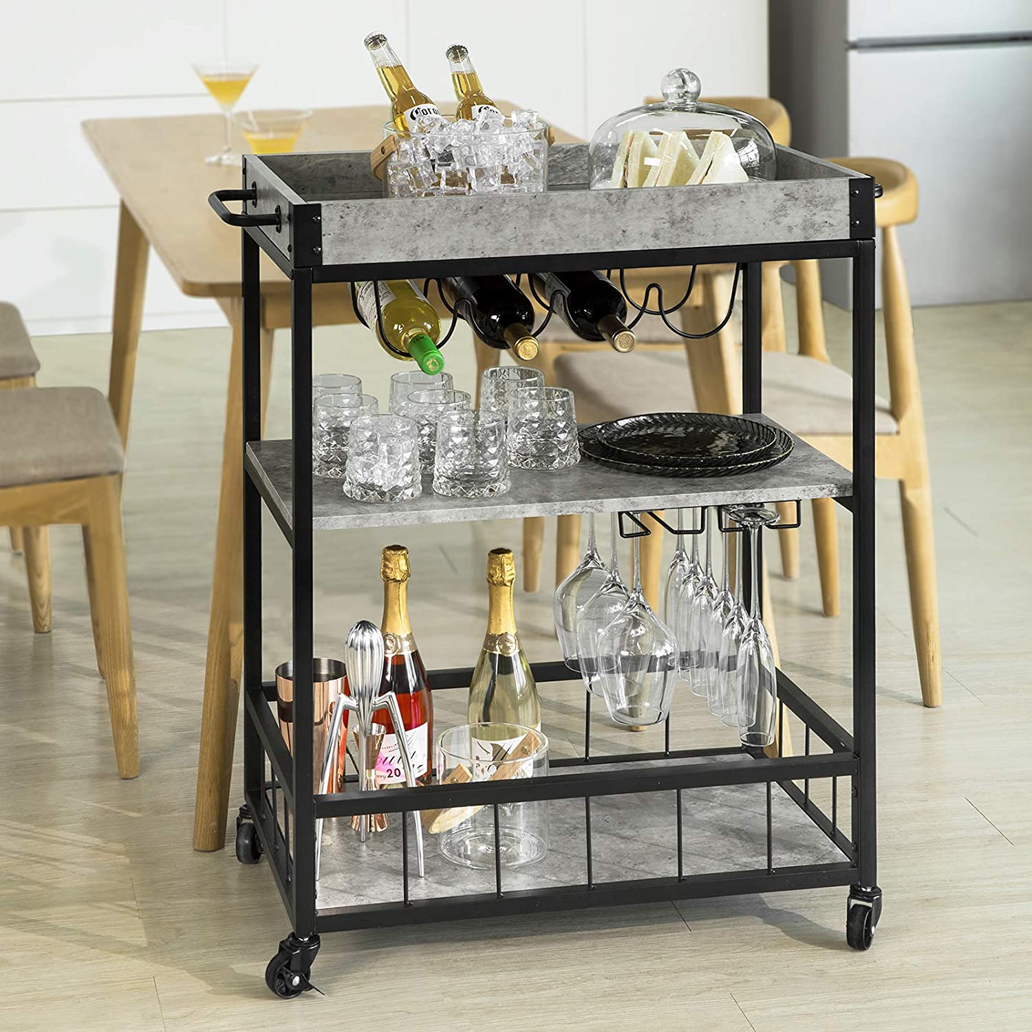 Odorala Metal 3 Tiers Kitchen Serving Trolley with Wine Rack - Grey - Notbrand