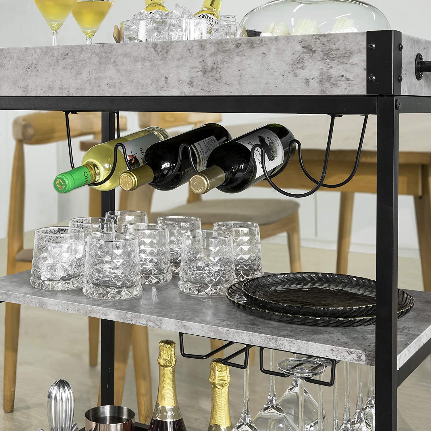 Odorala Metal 3 Tiers Kitchen Serving Trolley with Wine Rack - Grey - Notbrand