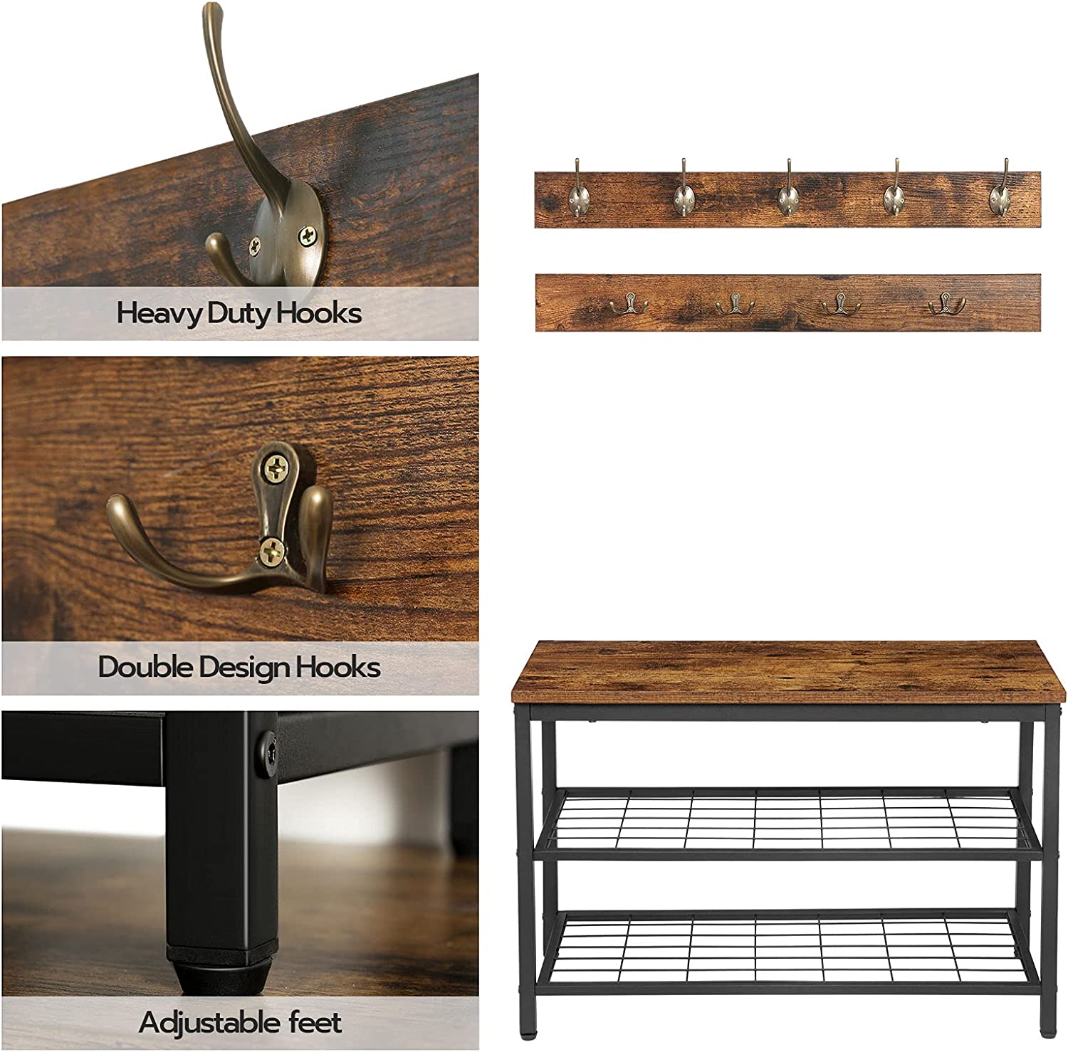 Shoe Rack with Coat Hooks - Brown - HouseofHyne