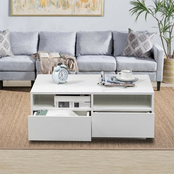 High Gloss White LED Coffee Table With 4 Drawers - Notbrand