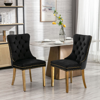 Aaden Velvet Dining Black Chairs with Golden Metal Legs Set - 2 Pieces - Notbrand