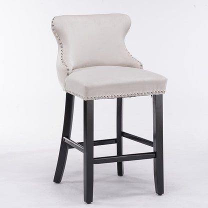 Acorn Button Tufted Velvet Upholstered Bar Stool in Beige - Set of 2