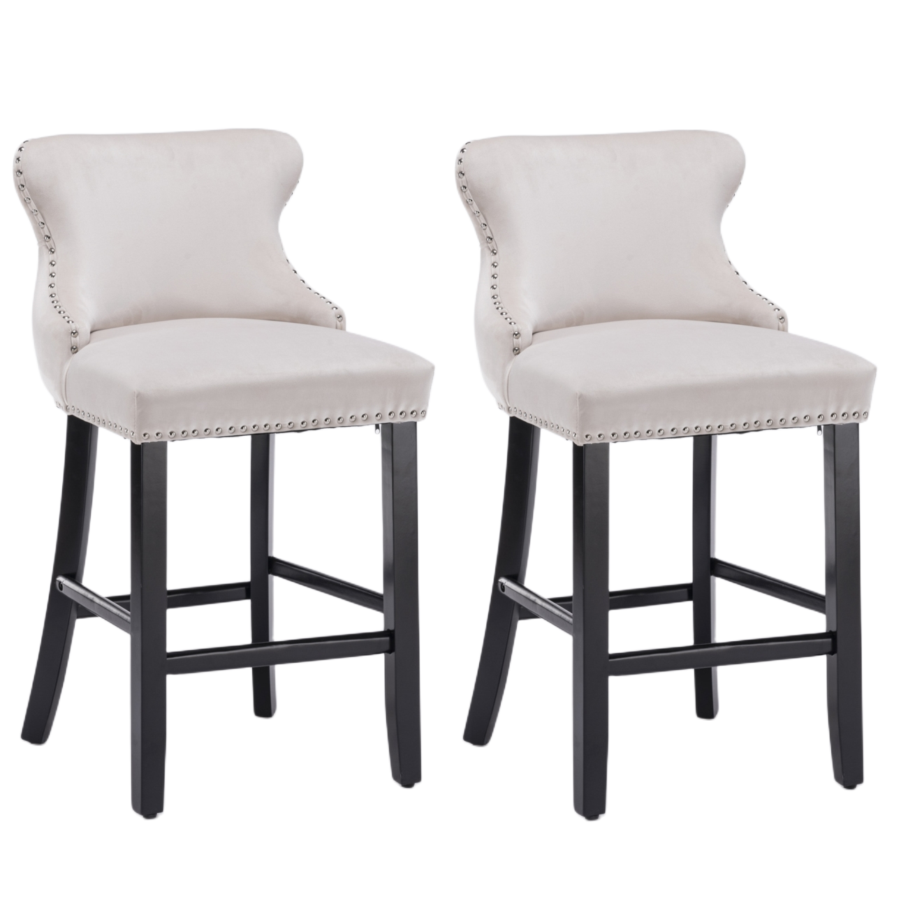 Acorn Button Tufted Velvet Upholstered Bar Stool in Beige - Set of 2