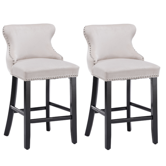 Acorn Button Tufted Velvet Upholstered Bar Stool in Beige - Set of 2