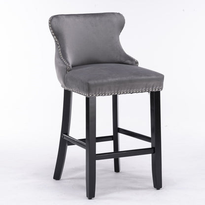 Acorn Button Tufted Velvet Upholstered Bar Stool in Grey - Set of 2