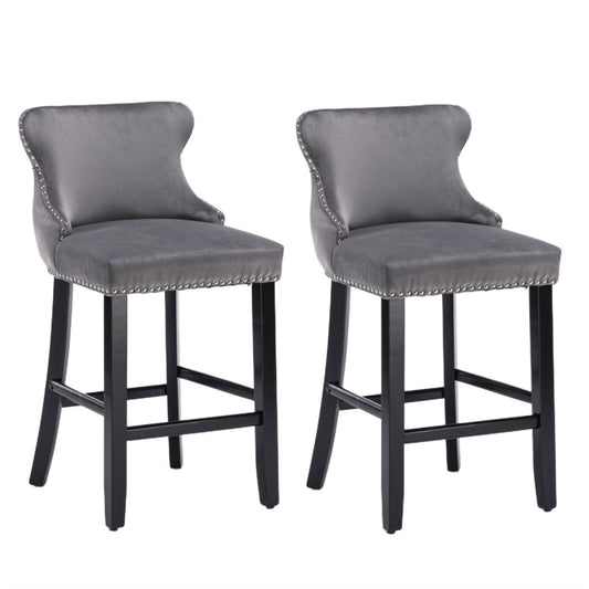 Acorn Button Tufted Velvet Upholstered Bar Stool in Grey - Set of 2