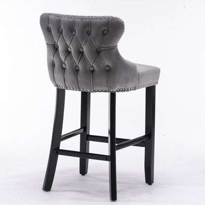 Acorn Button Tufted Velvet Upholstered Bar Stool in Grey - Set of 2