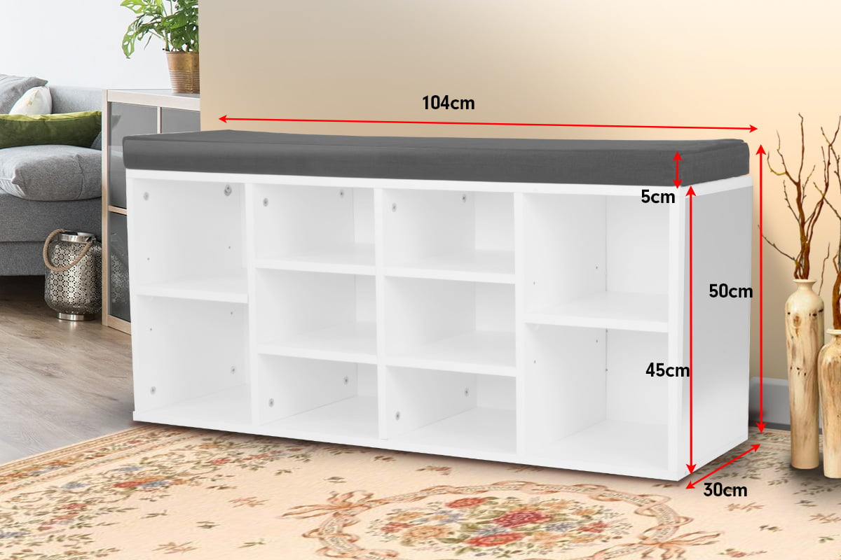 Sarantino Shoe Rack Cabinet Organiser Grey Cushion Sttol Bench Ottoman - 104 X 30 X 45 - White - Notbrand