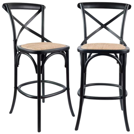 Aster Crossback Rattan Dining Bar Stools in Black Solid Birch Timber - Set of 2