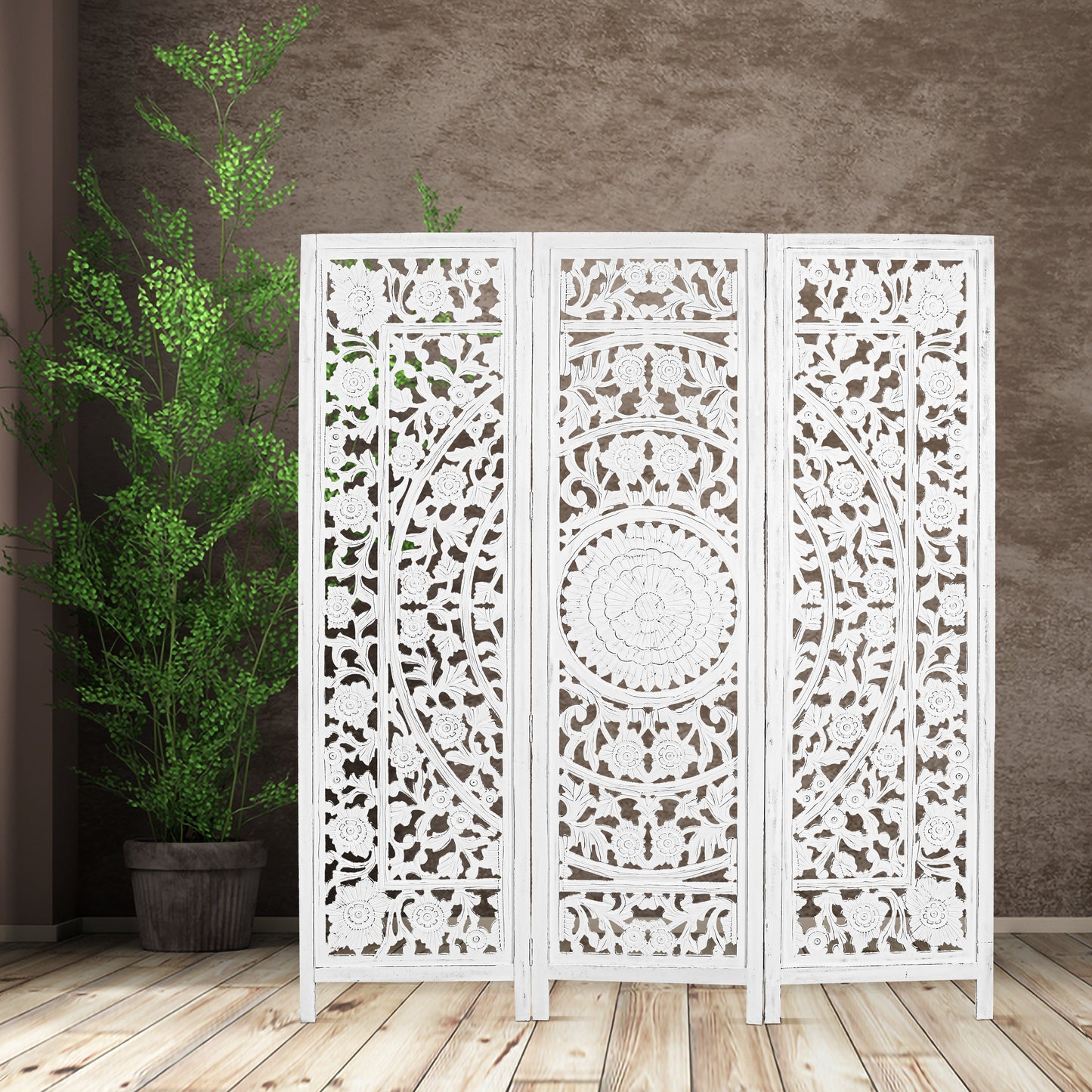 Misty 3 Panel Room Divider in Timber Wood - White - Notbrand