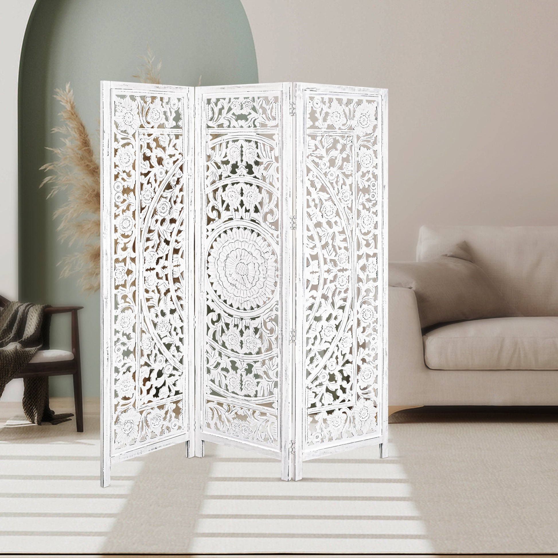 Misty 3 Panel Room Divider in Timber Wood - White - Notbrand