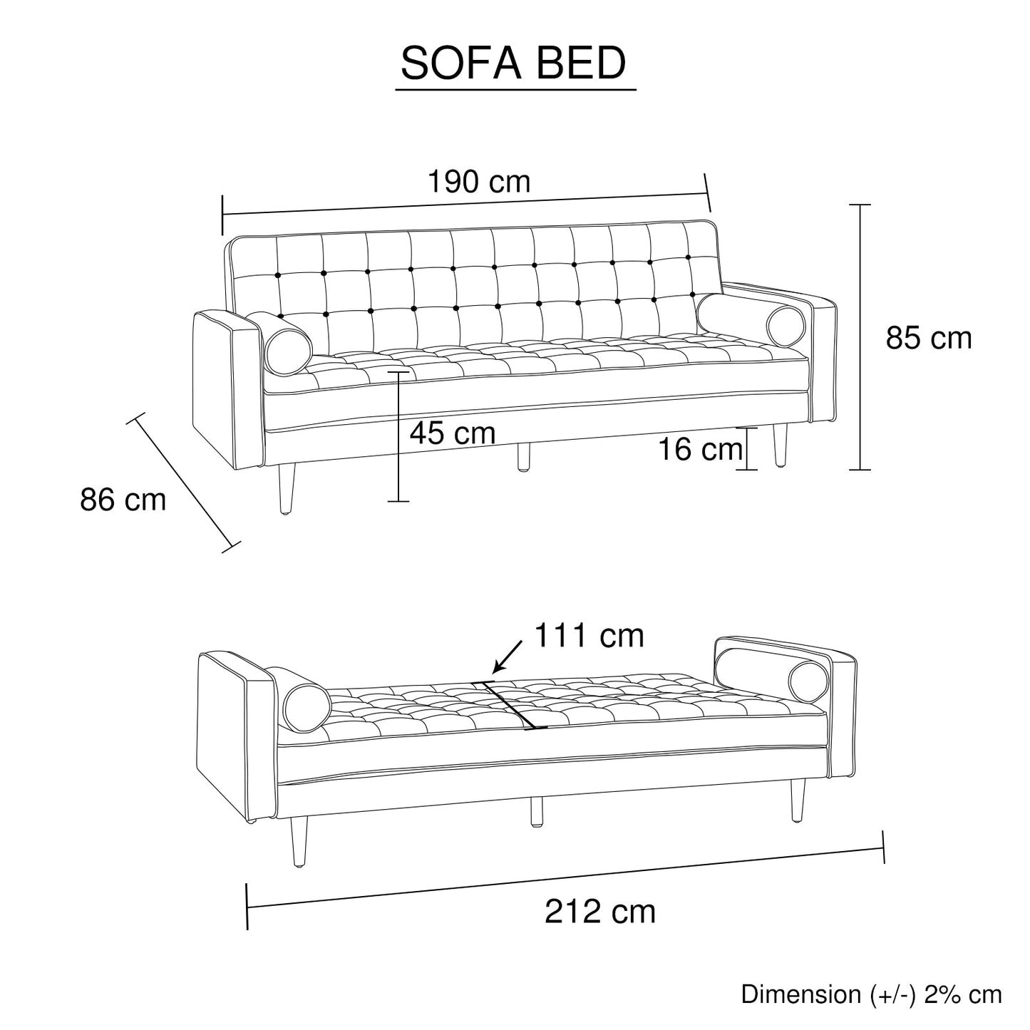 Orjee Button Tufted Sofa Bed 3 Seater in Fabric - Beige - Notbrand