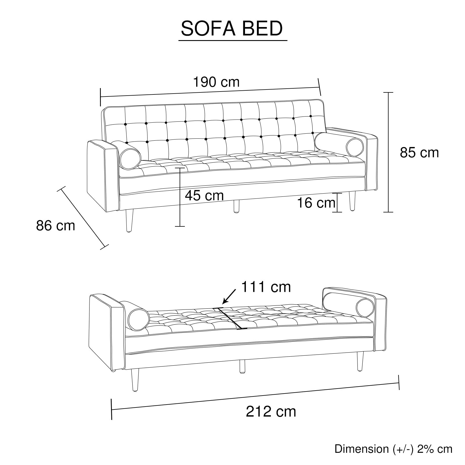 Orjee Button Tufted Sofa Bed 3 Seater in Fabric - Beige - Notbrand