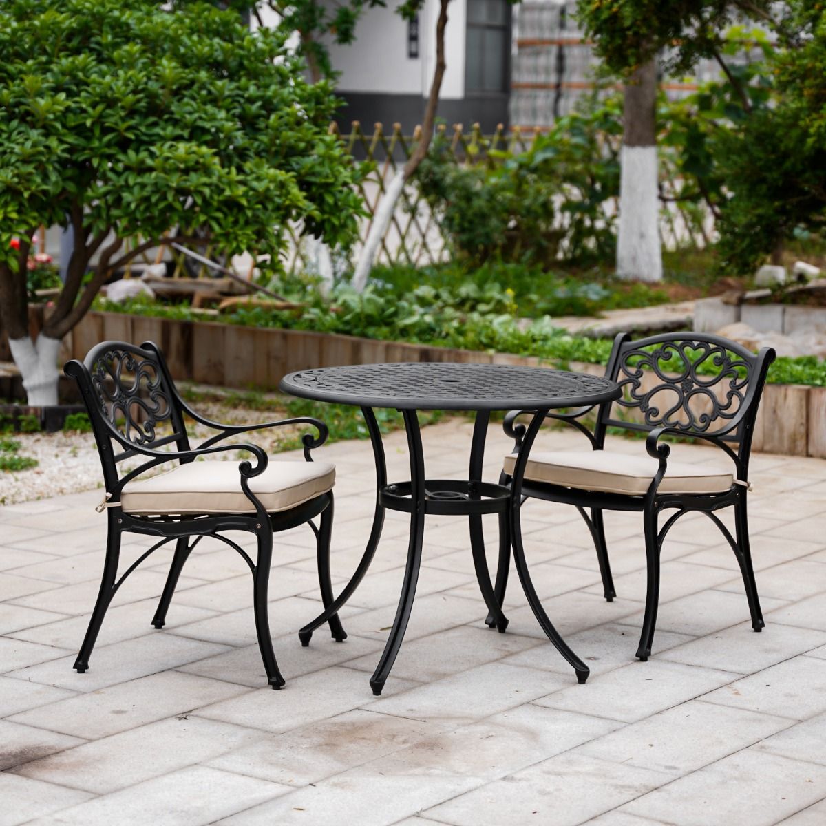 Marco Cast Aluminium Round Outdoor Dining Table Set in Black - 3 Pieces - House of Hyne