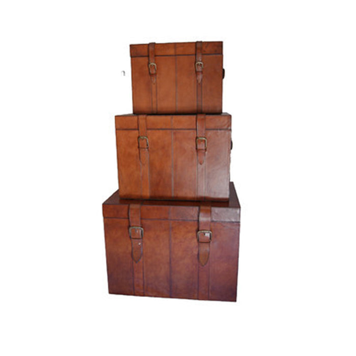 Haemir Set of 3 Tan Leather Trunks / Boxes - House of Hyne